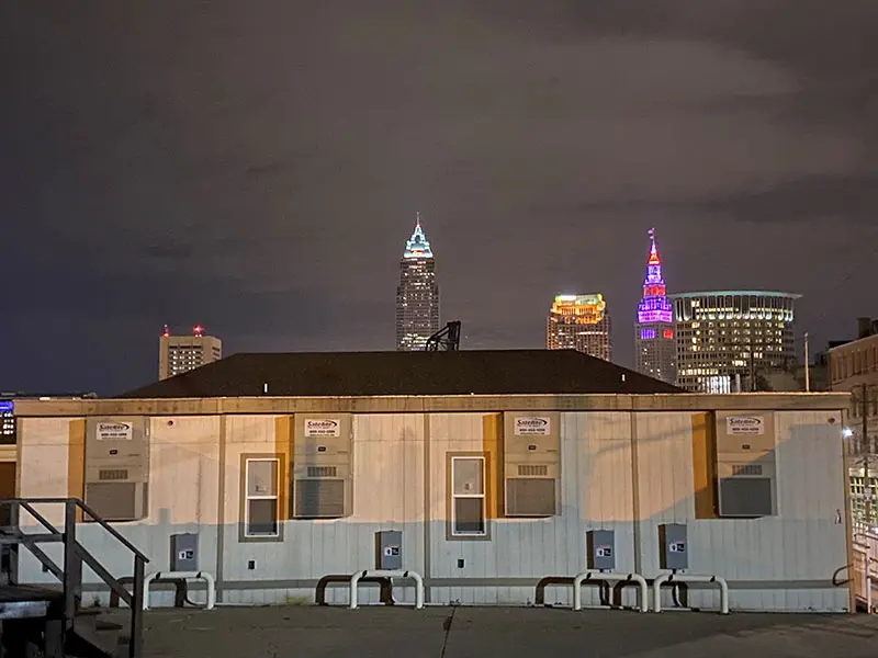 Hvac units against Cleveland skyline