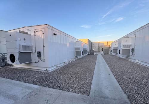 Data center gray spaces with multiple Bard exterior wall-mount HVAC units to comply with redundancy requirements.